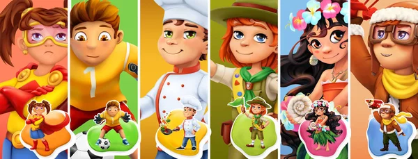Bambini in costume. Supereroe, giocatore di football, cuoco, esploratore, pilota. Set di icone vettoriali 3d — Vettoriale Stock
