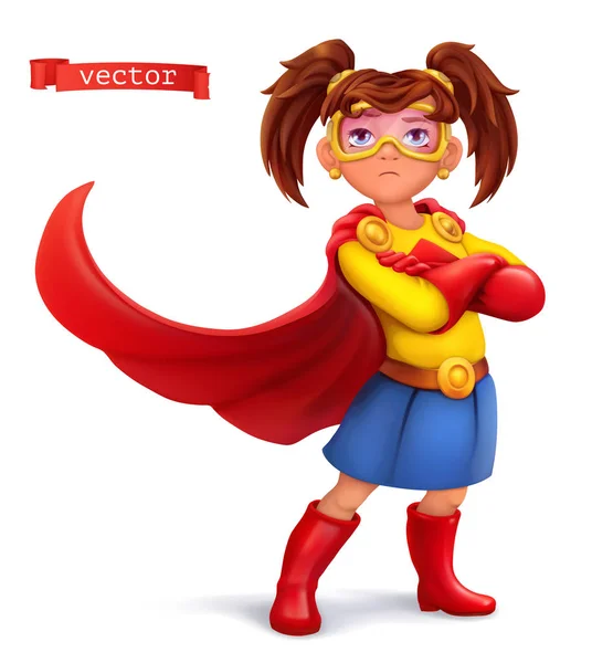 빨간 코트와 슈퍼 히어로 의상을 입은 어린 소녀. 만화 캐릭터, 벡터 일러스트레이션 — 스톡 벡터