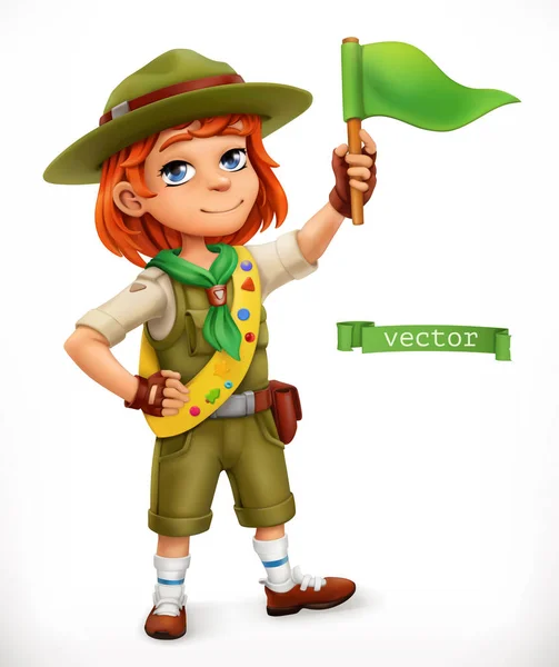 Lilla Scout med grön flagga. Comic Character, 3D vektor illustration — Stock vektor