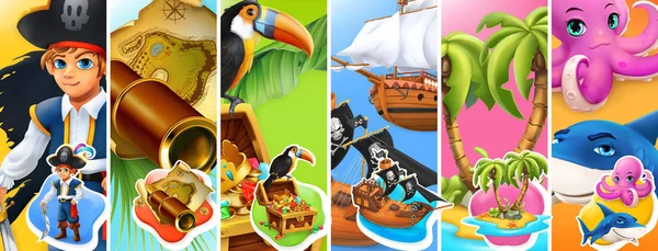 Pirates. Jongen, Spyglass en kaart, schatkist, schepen, eiland en palmbomen, octopus en haai stripfiguren. 3D Vector Icon set — Stockvector