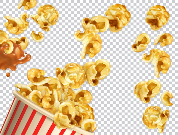 Popcorn with caramel vectorized image. 3d realistic vector set — Stock Vector