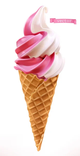 Sirve helado suave en un cono estilo oblea. 3d icono de vector realista — Archivo Imágenes Vectoriales