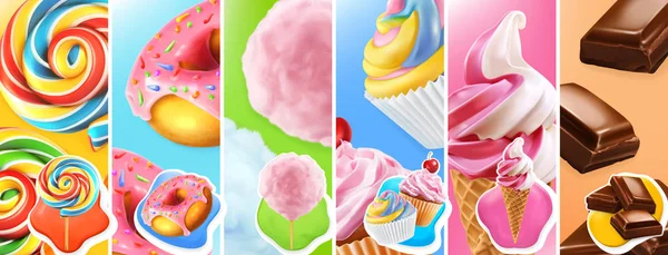 Sweet food. Lollipop, donut, cotton candy, cupcake, ice cream, chocolate. 3d realistic vector icon set — Stock Vector