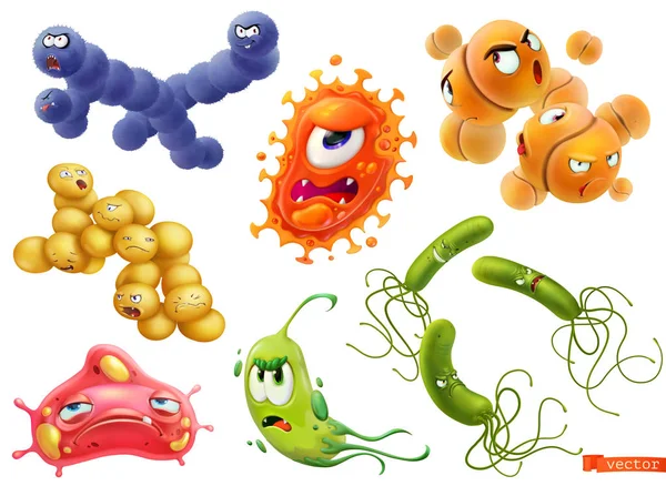 Virus, batteri. Diplococco, streptococco, helicobacter pylori, pneumococco, staphylococcus aureus. Mostro divertente, personaggio dei cartoni animati. Set di icone vettoriali 3d — Vettoriale Stock
