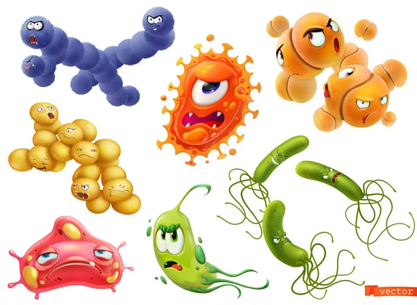 Virüs, bakteri. Diplococcus, streptococcus, helicobacter pylori, pnömokok, staphylococcus aureus. Komik canavar, çizgi film karakteri. 3b vektör simgesi seti