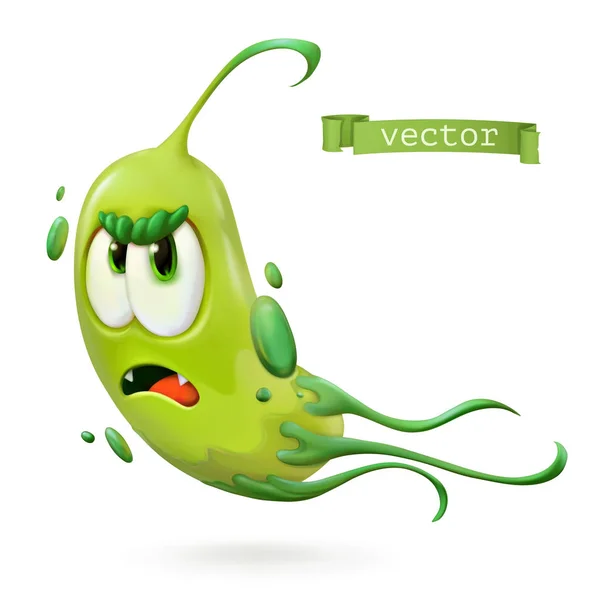 Virus, bakterier. Grön rolig monster, tecknad karaktär. 3D vektor ikon — Stock vektor