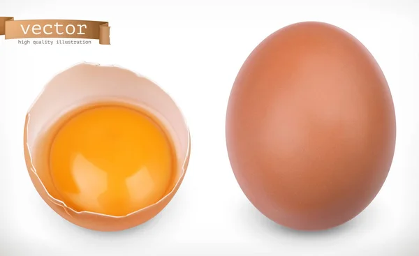 Целое куриное яйцо и разбитое яйцо с желтком. Трехмерный набор значков — стоковый вектор