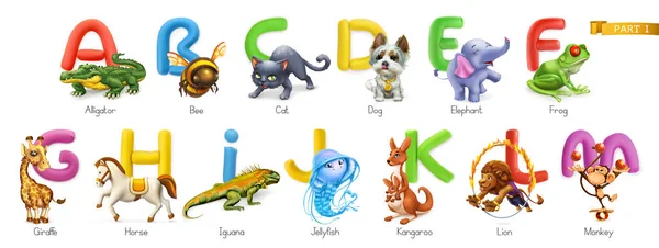 Dierentuin alfabet. Grappige dieren, 3D vector icons set. Letters A-M deel 1. Alligator, Bee, kat, hond, olifant, kikker, Giraffe, paard, leguaan, kwallen, kangoeroe, Leeuw, aap. — Stockvector