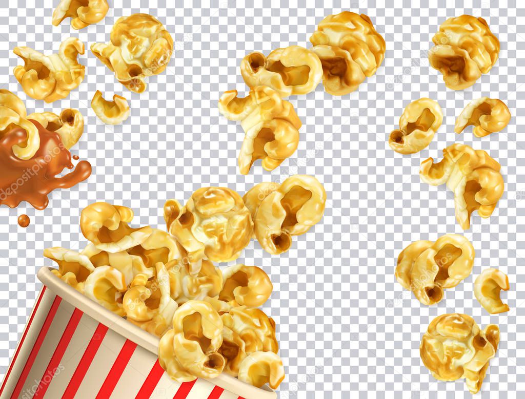 Popcorn with caramel vectorized image. 3d realistic vector set