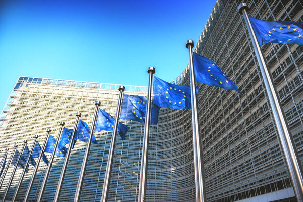 Waving flags in front of European Parliament building. 