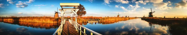 Landschap Met Traditionele Nederlandse Windmolens Bridge Nederland Achtergrond Van Natuur — Stockfoto