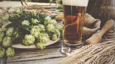 İştah açıcı bardak bira bira atlama ve buğday kulak plaka ile