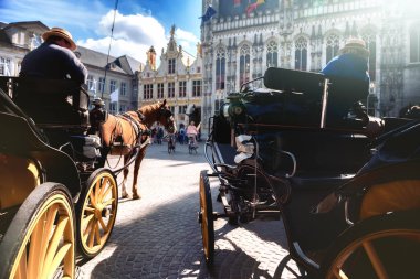 Atlı arabaları turistik tur için bekliyor. Bruges, Belçika