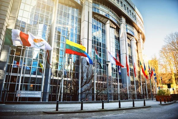 Κουνώντας Σημαίες Μπροστά Από Κτήριο Του Ευρωπαϊκού Κοινοβουλίου Βρυξέλλες Βέλγιο — Φωτογραφία Αρχείου