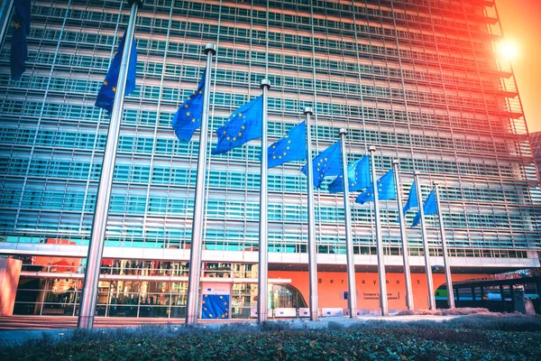欧盟旗帜挥舞的欧洲议会大楼前 布鲁塞尔 比利时 — 图库照片