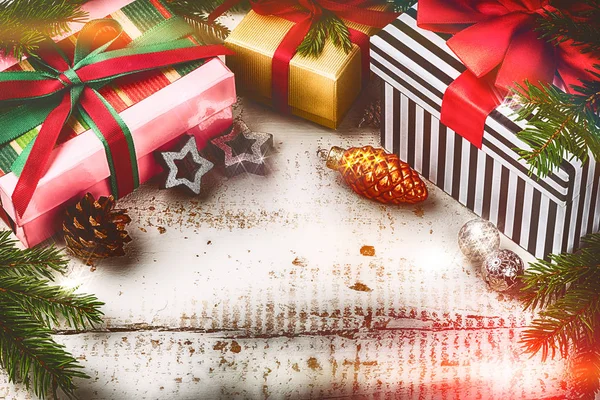 Christmas Holiday Setting Presents Boxes Festive Decorations Christmas Background Copyspace — Stock Photo, Image