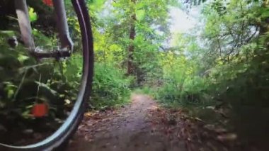 Yeşil orman içinde kırsal yol üzerinde binme Bisiklet görünümünü kapat