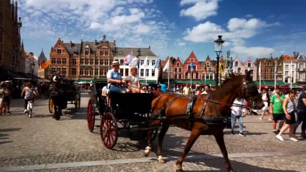 Bruges Belgium Circa 2019 Lovaskocsik Turisztikai Túrán Belga Bruges Lassú — Stock videók