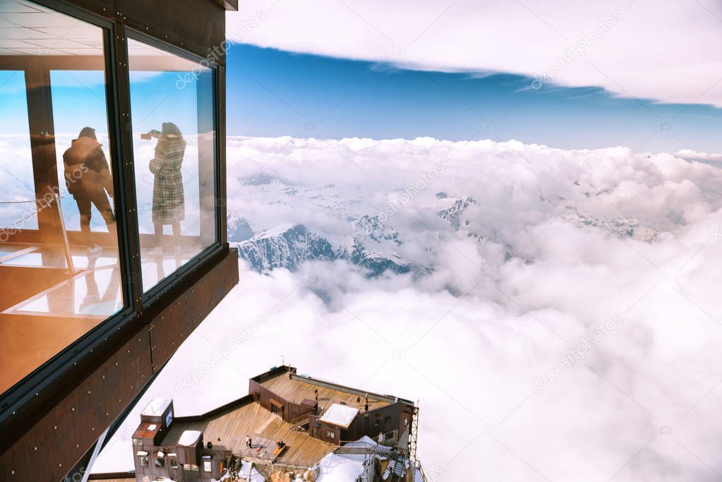 Chamonix, France - 4 April2019- Panoramic cube at Aiguille du Midi mountain in the Mont Blanc massif, Alps
