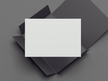 Gerçekçi siyah zarf ile beyaz kağıt kartı, 3d işleme açıldı.