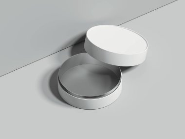 Beyaz gri zemin üzerinde yuvarlak kutu duruyor açıldı. 3D render