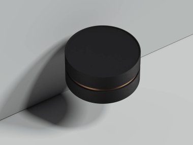 Gri duvar yanındaki siyah gerçekçi yuvarlak kutu. 3D render
