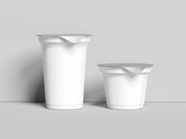 Gri arka plan üzerinde izole yoğurt kapları. Boş kutuları tatlı. 3D render