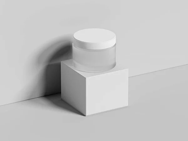Vasetto bianco bianco per crema e scatola isolato su sfondo luminoso. rendering 3d — Foto Stock