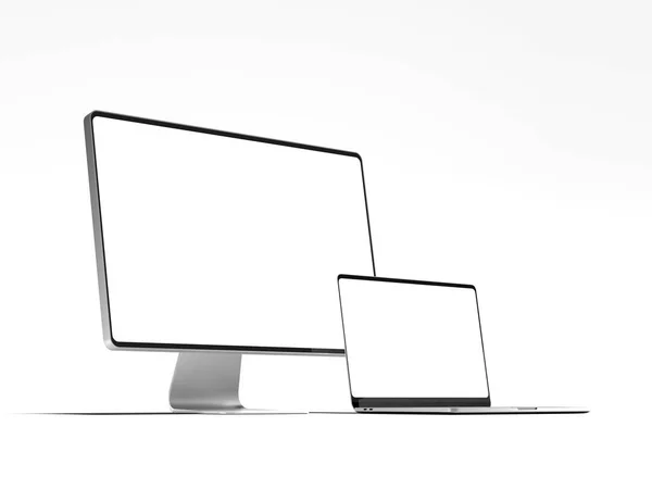 Realistic black framed white monitor and black laptop, 3d rendering — Stock Photo, Image