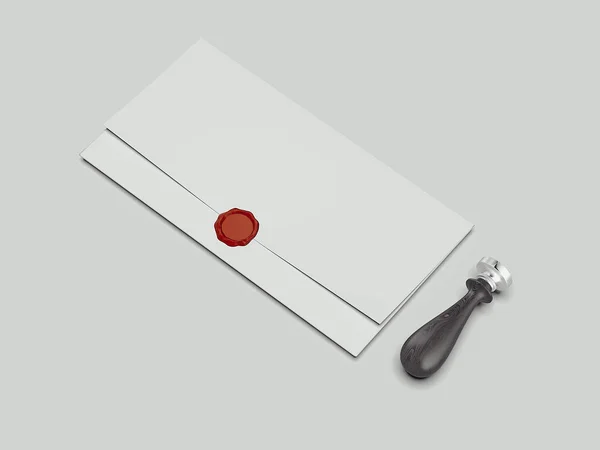 Realistic closed envelope with red wax seal and wax stamp, 3d rendering — Stock Photo, Image