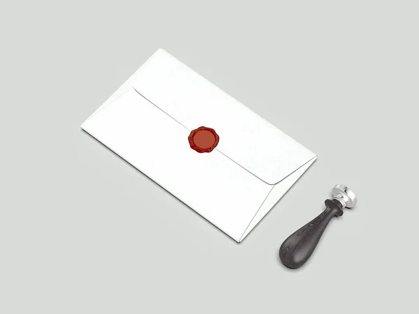 Realistic closed envelope with red wax seal and wax stamp, 3d rendering — Stock Photo, Image