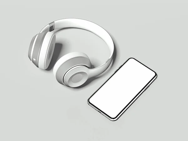 Auriculares blancos y teléfono con pantalla en blanco sobre fondo de luz, 3d renderinf —  Fotos de Stock