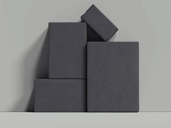 Černé obdélníkové krabice stojí vedle šedá stěna, vykreslování 3d objektů — Stock fotografie