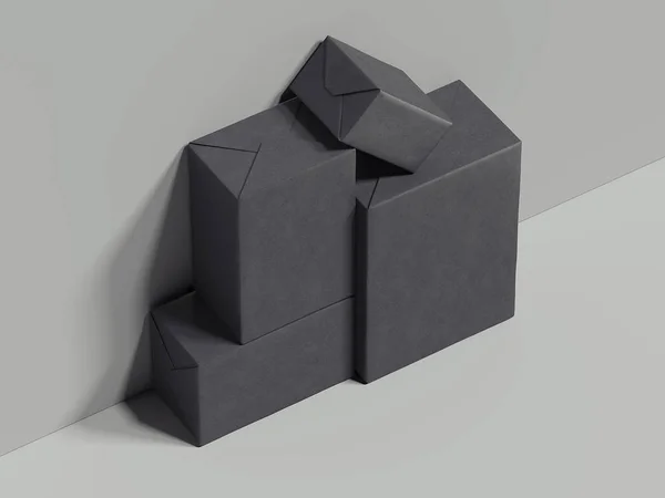 Cajas rectangulares negras junto a la pared gris, renderizado 3d — Foto de Stock