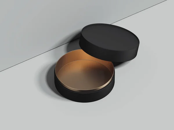 Black opened round box stands on grey floor. 3d rendering — Stock Photo, Image