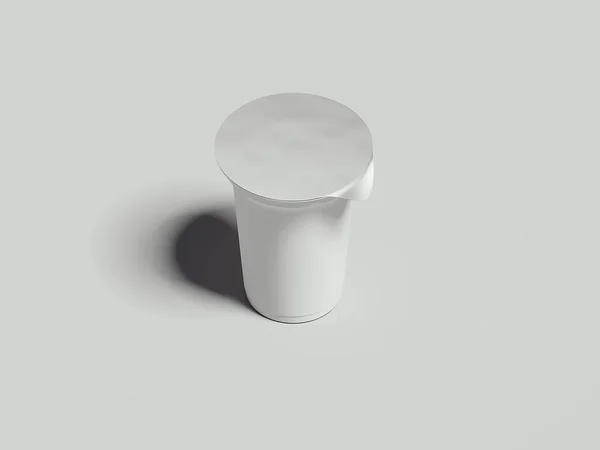 Γιαούρτι δοχείο απομονώνονται σε γκρι φόντο. Κενό πλαίσιο επιδόρπιο. 3D rendering — Φωτογραφία Αρχείου