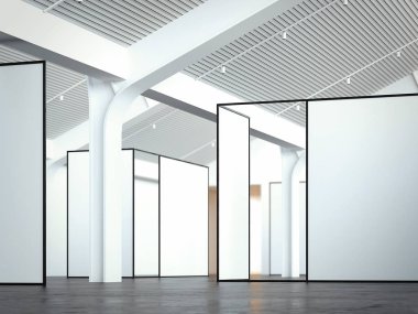 Boş duvarlara 3d render ile beyaz iç parlak sergi salonunda