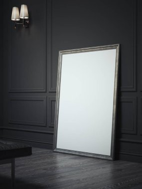 Siyah duvarlar, 3d render yanındaki siyah çerçeve ile boş parlak kapalı billboard