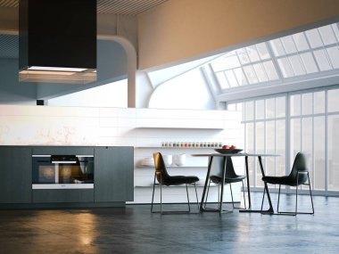 Modern parlak mutfak büyük pencereler ile. 3D render.