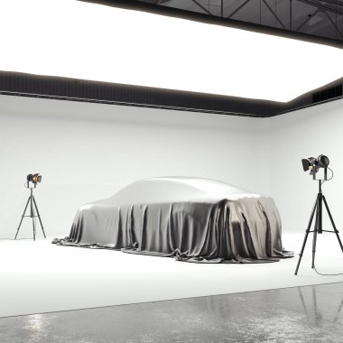 Kapalı araba ve çeşitli ışık kaynakları ile bir fotoğraf stüdyosu. 3D render