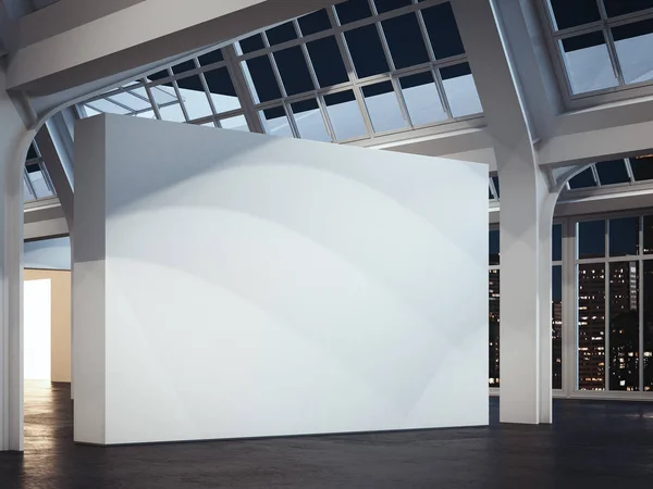 Galleria moderna con pareti bianche e grandi finestre nella notte, rendering 3d — Foto Stock