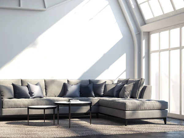 회색 소파와 어두운 테이블 현대 아늑한 방. 3 차원 렌더링 — 스톡 사진