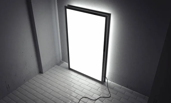 Cartellone luminoso bianco per interni con cornice nera accanto alle pareti grigie, rendering 3d — Foto Stock