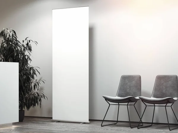Luminosa reception dell'ufficio con zona d'attesa e roll up bianco. rendering 3d — Foto Stock