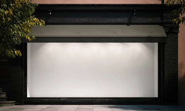 Leere Schaufenster in der Nacht Straße mit Licht am Rahmen. 3D-Darstellung — Stockfoto