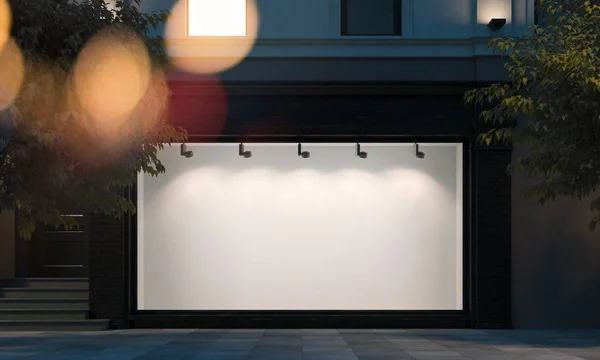 Leere Schaufenster in der Nacht Straße mit Licht am Rahmen. 3D-Darstellung — Stockfoto