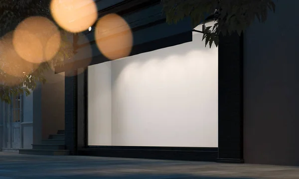Janela de loja em branco na rua noturna com luz na moldura. Renderização 3d — Fotografia de Stock