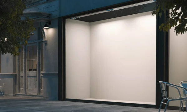 Порожнє вікно магазину на нічній вулиці зі світлом на рамі. 3D візуалізація — стокове фото