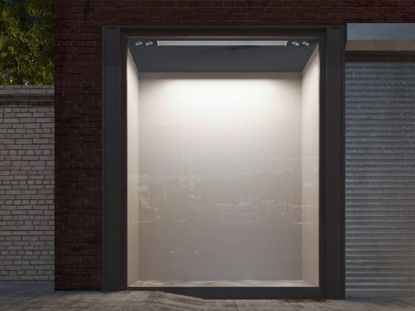 Blank shop window in the night street with light on the frame. 3d rendering — Stock Photo, Image
