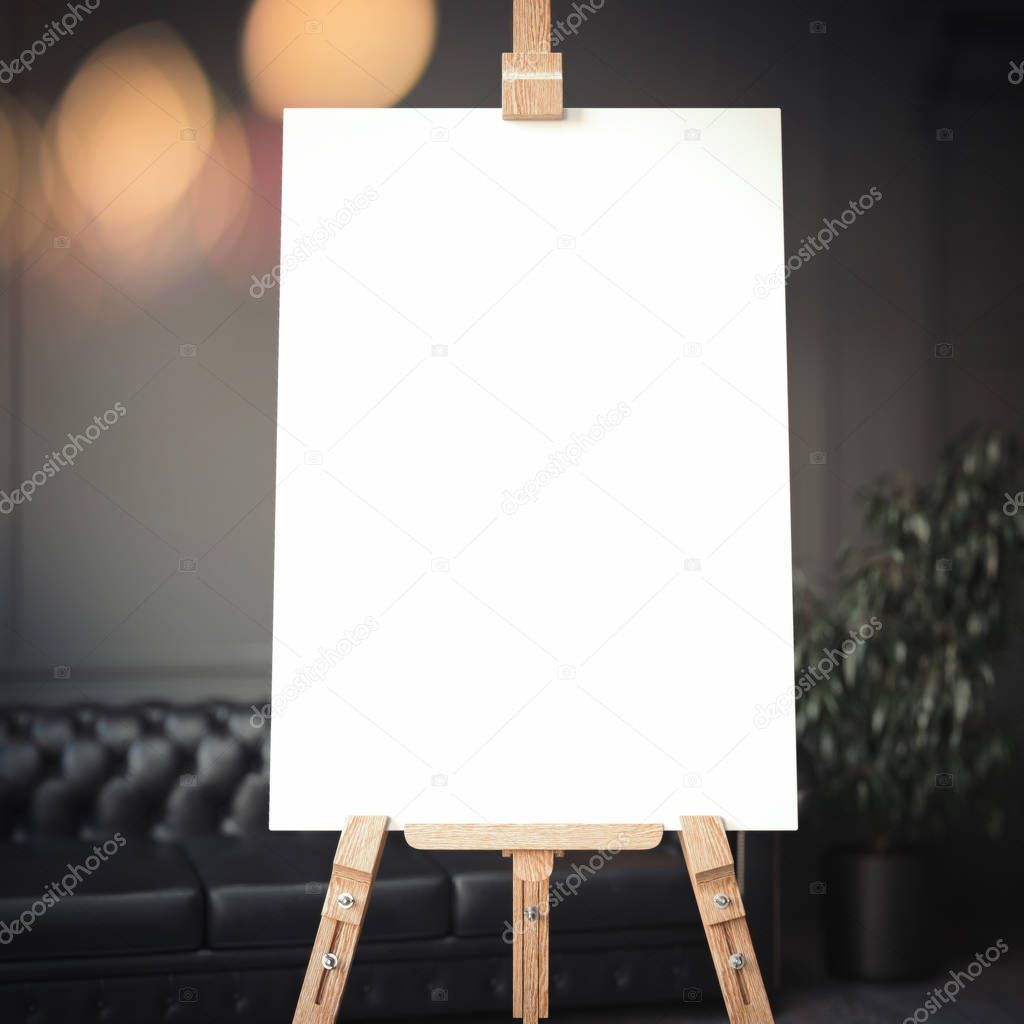 White easel stands next to dark wall and black sofa, 3d rendering